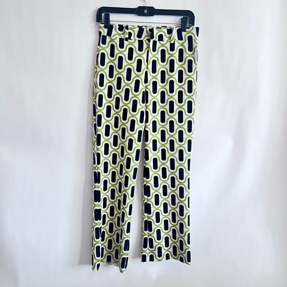 ZARA WOMENS GEOMETRIC PATTERN TROUSERS PANTS HIGH WAIST GREEN WHITE BLACK SIZE M